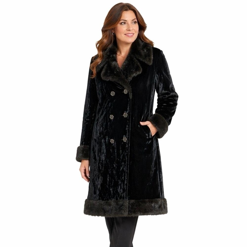 Vintage XL Black Faux Fur Coat Black Brown Plush Collar Double Breasted Jacket